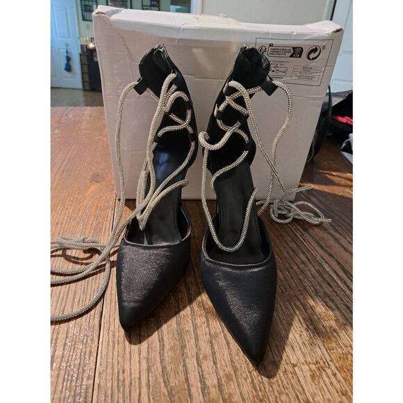 Black Rhinestone Lace-Up Stiletto Heels Rear Zip Satin Look Size 39 Sz 8–8.5 - Picture 2 of 7